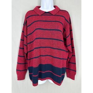 80s Vintage Sweater Womens Medium Red Striped Navy Blue Collar Classic Heritage